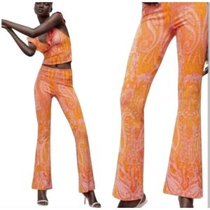 Zara‎ Groovy 70s Retro Flare Knit Pants Jacquard Orange Hippie Size M